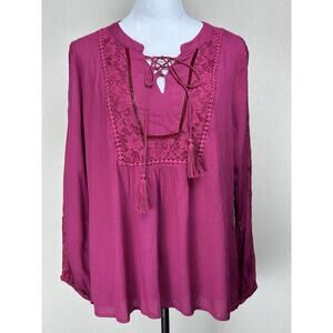 Passports Women’s Top Sz M Baby Doll Peasant Boho Lace Up Tie Neckline